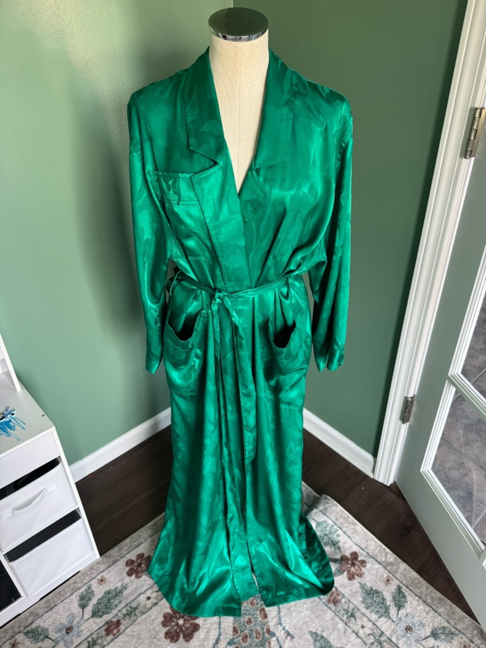 Vintage Floor-Length Victoria’s Secret Emerald Satin Wrap Robe Coat
